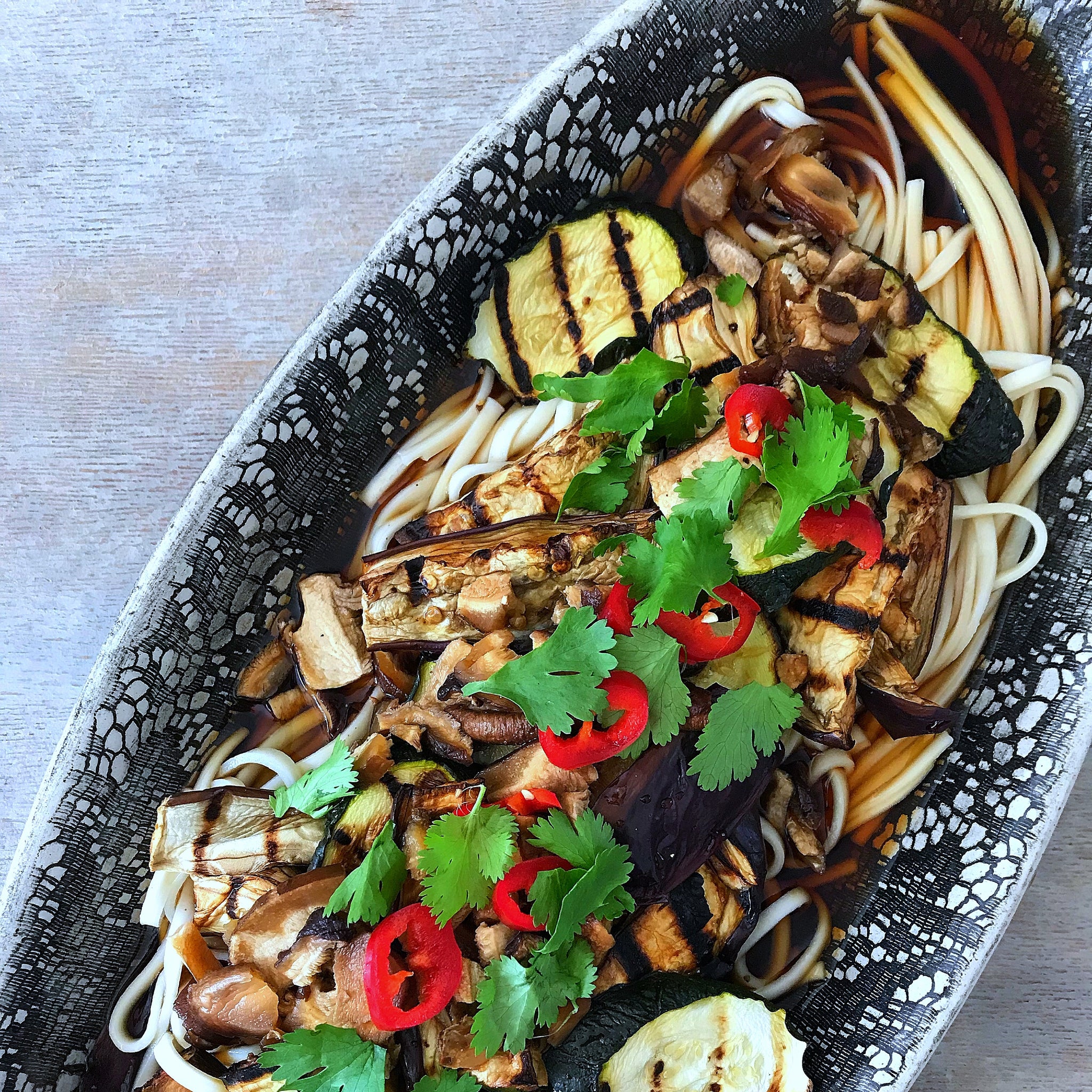 Dashi Udon Noodle Salad with Aubergine & Courgette