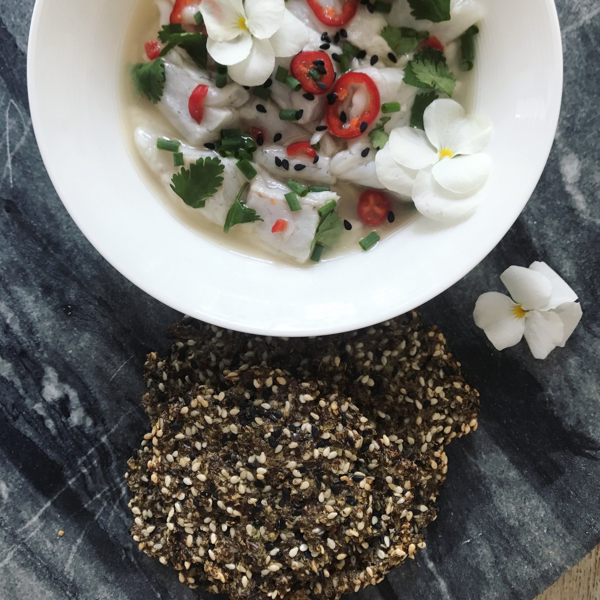 Sea Bass Ceviche & Sesame Crackers (Gluten Free)