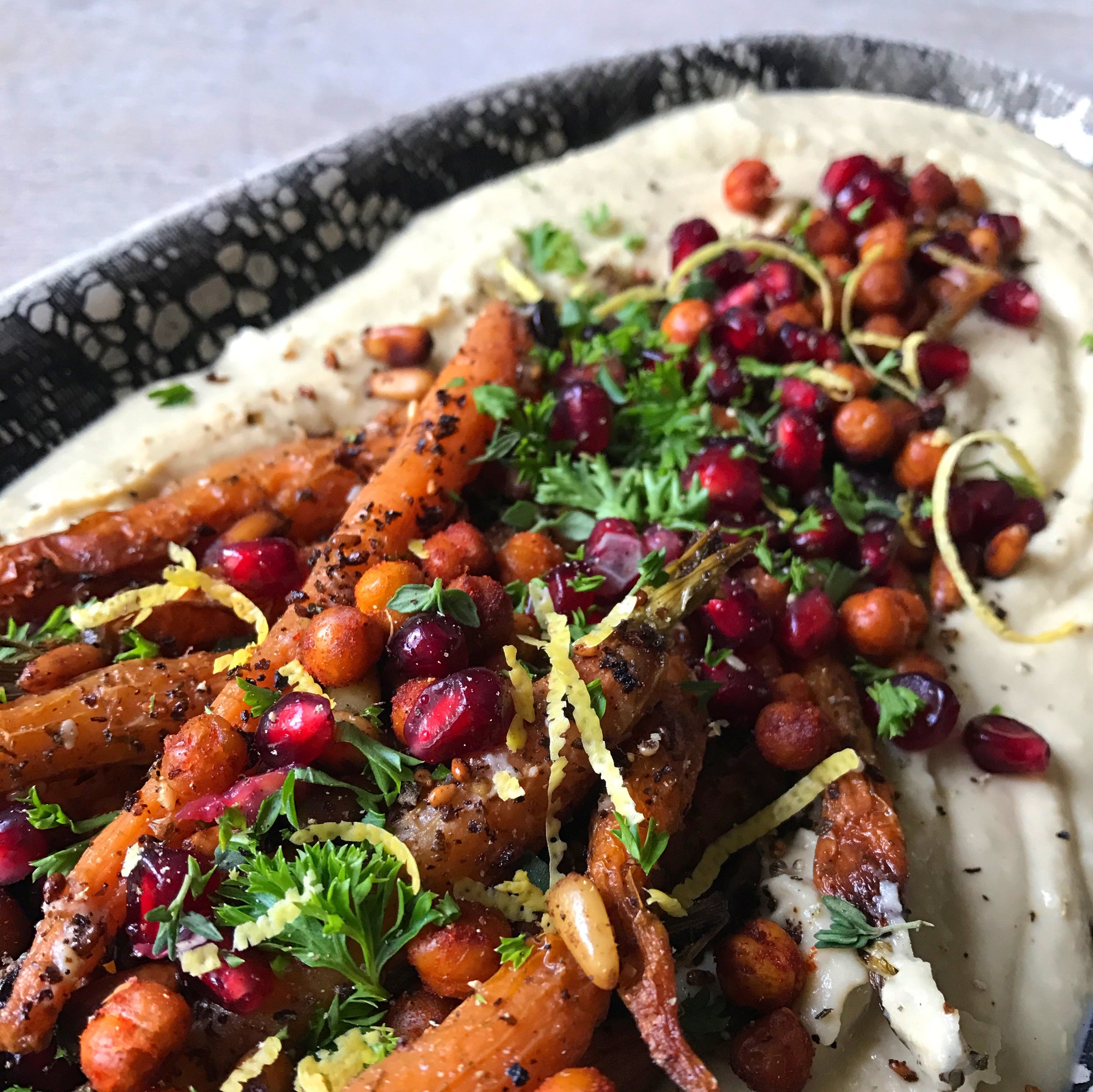 Loaded Hummus - Za'atar Roasted Carrots, Pine nuts, Crispy Chickpeas, Herbs & Pomegranate!